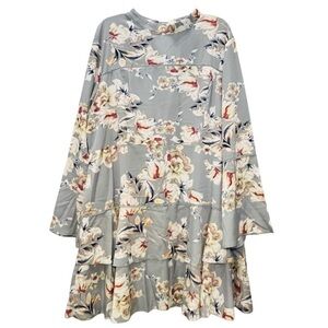 Suzanne Betro Grey Floral Tiered Shift Dress Long Flutter Sleeves Size 3X NWT